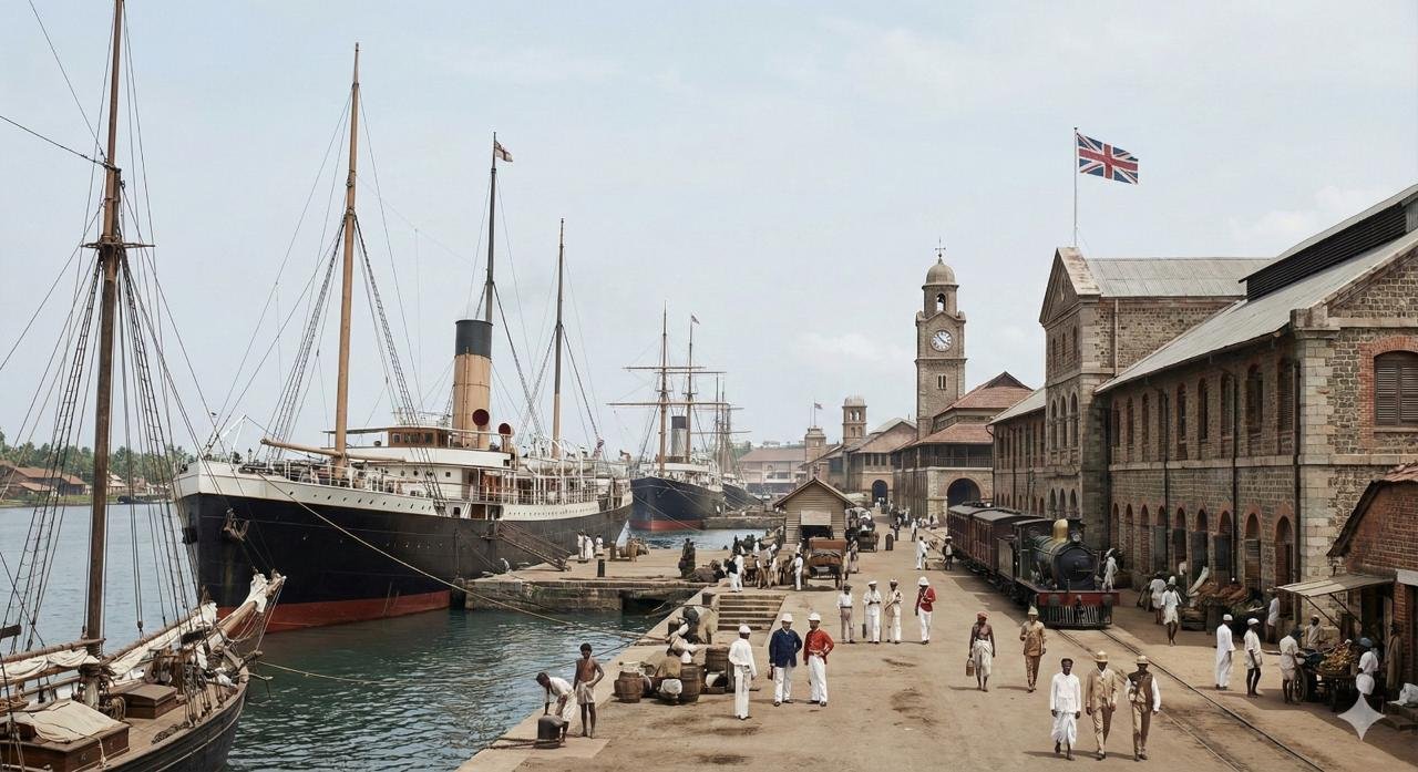 Colonial-era Kochi port with ships and warehouses