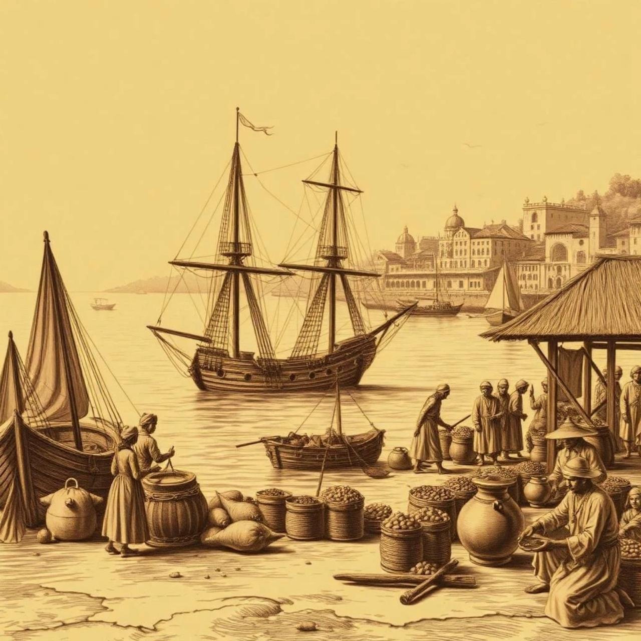 Nostalgic illustration of old Kochi harbour and spice trade
