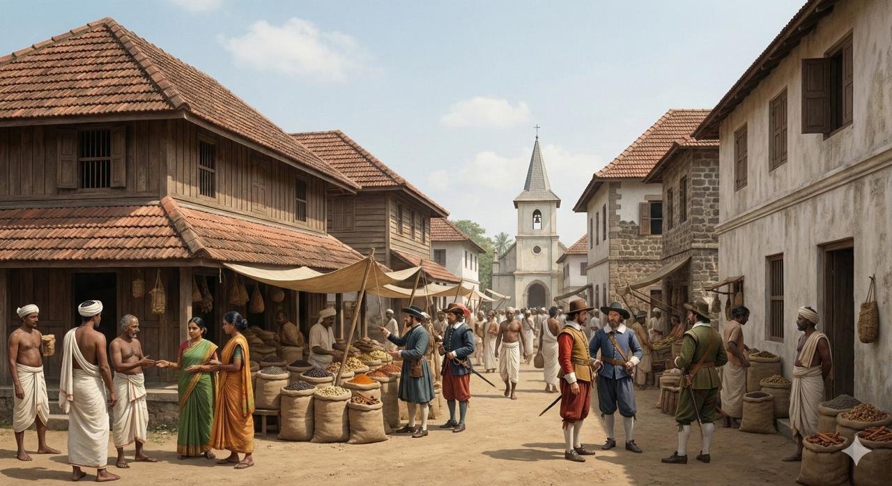 Heritage Kochi street market with old buildings and traders