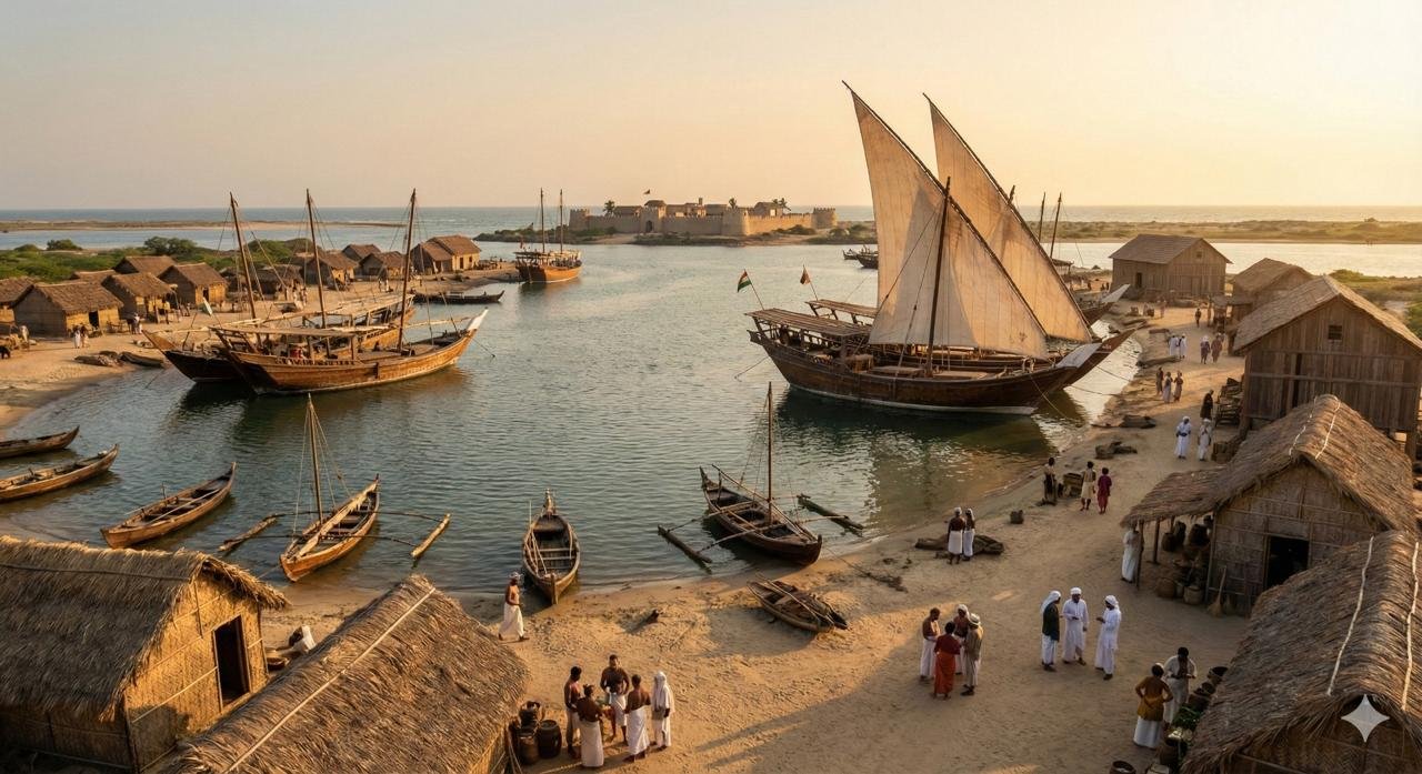 Historic harbour settlement with wooden boats and coastal huts