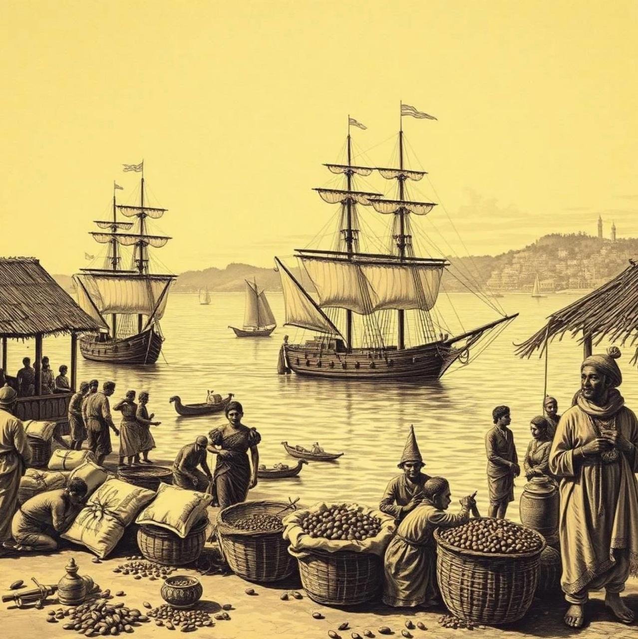 Old Kochi spice quay with sailing ships and traders