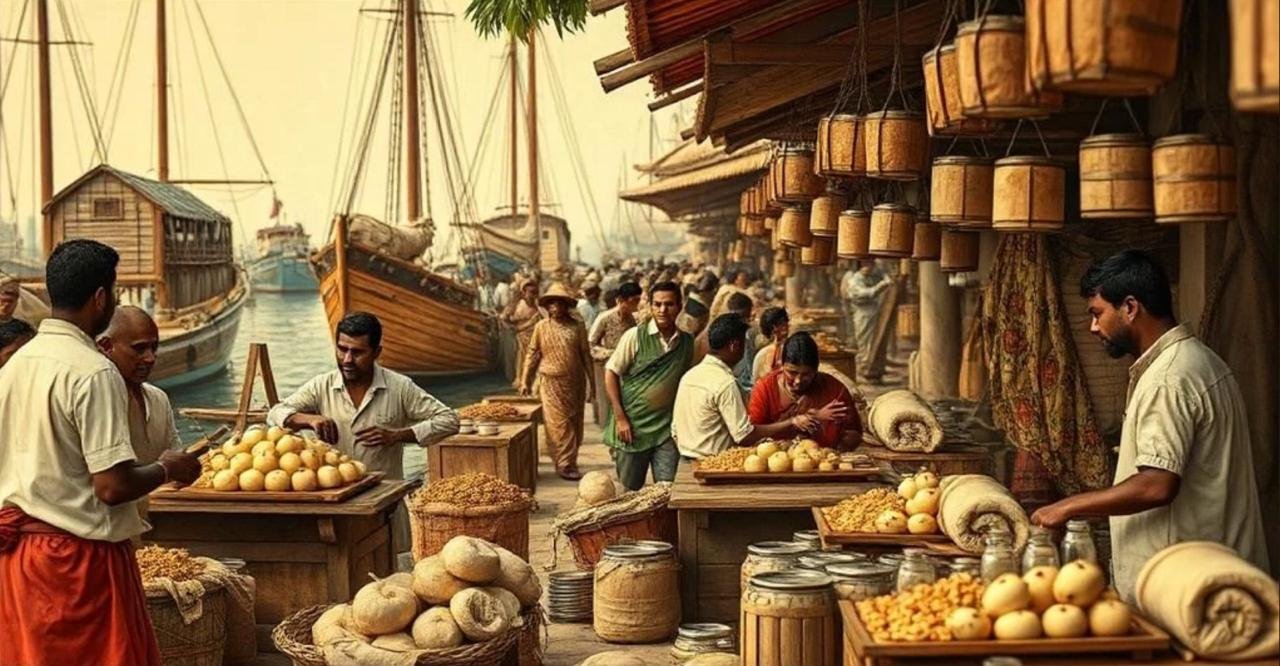 Traditional Kochi waterfront market with food and spice stalls